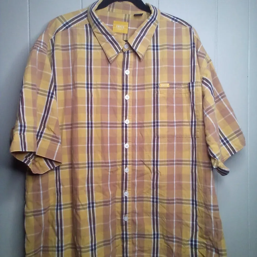 Enyce Button Up Shirt 3XL Short Sleeve Plaid Brown Yellow